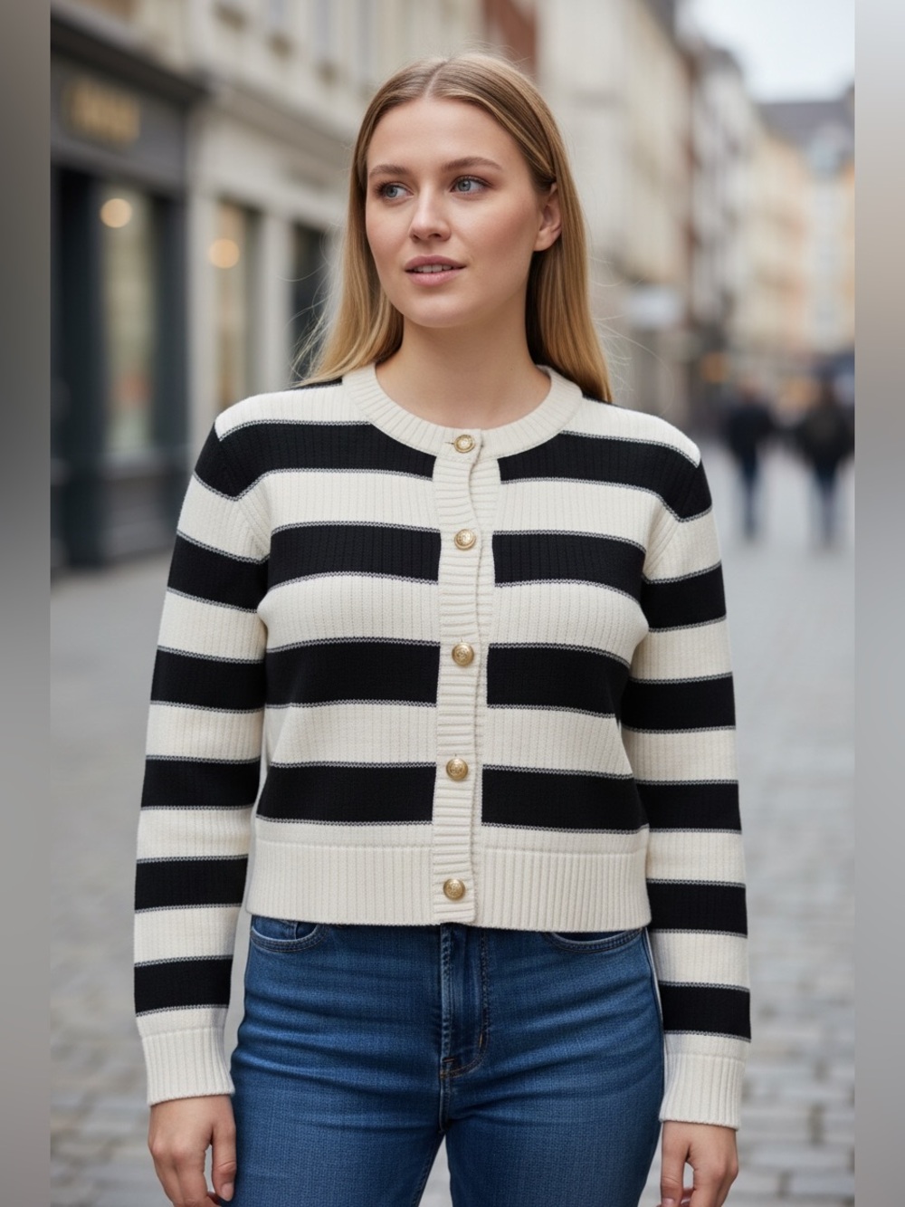 NWT LUMIERE Striped Posh Cardigan Sweater  Gold Buttons